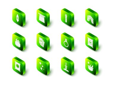 Sihirli şapka, iksirli şişe, sirk çadırı, Antik büyü kitabı, cadı kazanı, taş yüzük mücevheri, Kılıç ve ışıldayan yıldız ikonu. Vektör