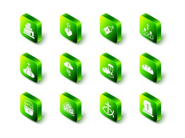 Kalbe kutsal haç, kutsal su şişesi, rahip, ekmek somunu, mezar taşı, kadeh ve ekmek, Hristiyan balığı ve lekeli cam ikon koyun. Vektör