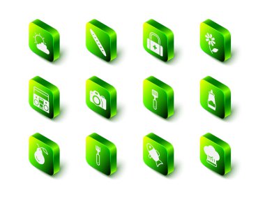 Fransız baget ekmeği, ilk yardım çantası, çiçek, sos şişesi, şef şapkası, Spatula, Balık ve Çatal ikonu. Vektör