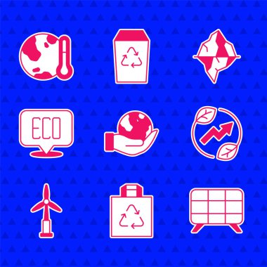 El ele tutuşan Dünya küresi, geri dönüşümlü alışveriş torbası, güneş enerjisi paneli, elektrik prizi yaprağı, rüzgar türbini, Yaprak Eko sembolü, buz dağı ve küresel ısınma ikonuna erimeyi ayarla. Vektör