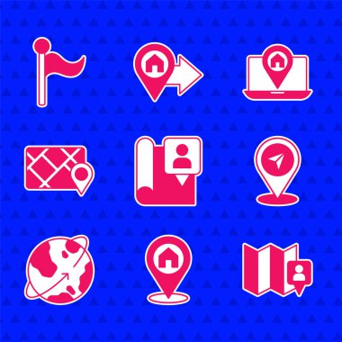 Konum işaretleyicisi, konum evi, harita pimi, Dünya 'nın yörüngesinde dönen uydular, GPS cihazı, şehir navigasyon ve bayrak simgesi ile katlanmış haritayı ayarla. Vektör