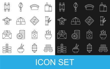 Suşi tahtası, Çin çay töreni, Bambu, şapka, Yin Yang, Decree, kağıt, parşömen, parşömen ve simge. Vektör