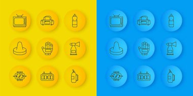 Çizgi hokey masası, hava hokeyi oynamak için tokmak, eldiven, jimnastik aleti, korna, Retro TV ve spor çantası ikonu. Vektör