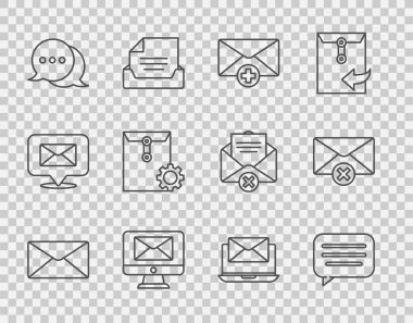 Satır Zarfı, Konuşma baloncuğu sohbeti, alınan mesaj konsepti, monitör ve zarf, ayar, dizüstü bilgisayar ve simgeyi sil. Vektör