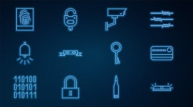 Flasher sirenini, kredi kartını, güvenlik kamerasını, Hırsız göz maskesini, alarm zilini, parmak izini, eski anahtarı ve kilidi ve ikonu ayarla. Vektör