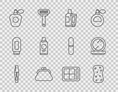 Mascara fırçası, köpüklü sünger, krem ya da losyon tüpü, debriyaj çantası, parfüm, şampuan şişesi, göz farı paleti ve makyaj tozu ayna ikonu. Vektör