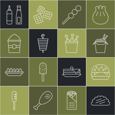 Tortilla, Burger, Asya eriştesi ve çubuklu Taco, ahşap köfte, ızgara şiş kebap, kutuda patlamış mısır, sos şişesi ve tavuk budu ikonu. Vektör