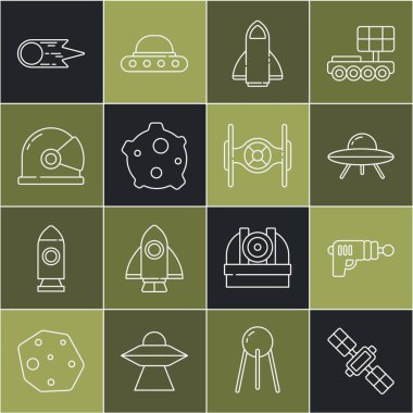 Uydu hattı, ışın silahı, UFO uçan uzay gemisi, Roket, Asteroid, Astronot miğferi, Kuyruklu yıldız hızla düşüyor ve kozmik simge. Vektör