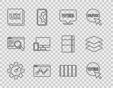 Satır web sitesi istatistiği ve grafik tasarımı, UI veya UX, Monitor mobil, Renk palet rehberi ve Katman simgesi ayarla. Vektör