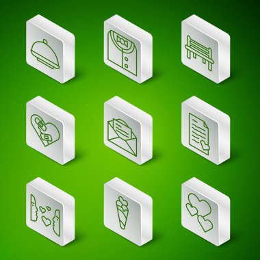 Set hattı Heart, waffle külahında dondurma tepsi, tebrik kartı, iyileşmiş kalp, ilk görüşte aşk ve sevgililer günü ikonu ile kaplanmış. Vektör