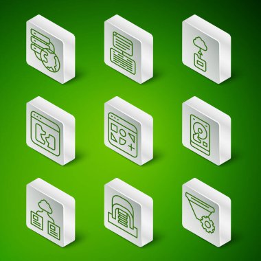 Satır Filtre ayarlarını ayarla, sunucuları olan Hangar, Ağ Bulutu bağlantısı, Farklı dosyalar, Kırık, Sunucu, Data, Web Sunucu, Bulut teknoloji veri transferi ve HDD simgesi. Vektör