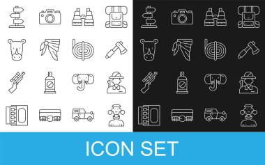 Afrika kabilesinden erkek, avcı, tahta balta, dürbün, bandana ya da motorcu eşarbı, gergedan, trafik işareti ve tırmanıcı ip ikonu. Vektör