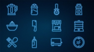 Hat kesme tahtası, yavaş pişirme makinesi, pizza bıçağı, et bıçağı, meyve sıkacağı, elektrikli su ısıtıcısı, kahve makinesi ve tuz ikonu. Vektör