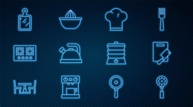 Spatula hattı, kesme tahtası ve et helikopteri, Şef şapkası, saplı kettle, gaz sobası, Yavaş fırın ve meyve sıkacağı ikonu. Vektör