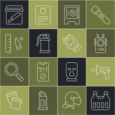Kurşun geçirmez yelek, polis megafonu, vücut kamerası, kasa, el bombası, cetvelli kovan, kanıt çantası bıçağı ve telsiz ikonu. Vektör