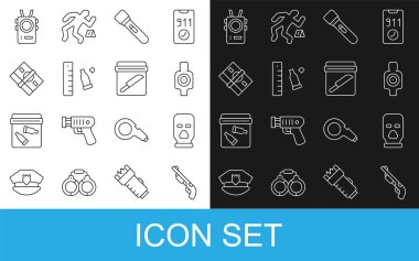 Polis tüfeği, kar maskesi, atış için insan hedef sporu, el feneri, cetvelli mermi kovanı, kağıt para yığını, vücut kamerası ve kanıt çantası bıçak ikonu. Vektör