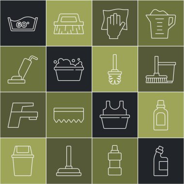 Temizlik malzemesi, süpürge ve kova, temizlik servisi, sabun köpüklü leğen, elektrik süpürgesi, sıcaklık temizleme ve tuvalet fırçası ikonu. Vektör