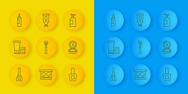 Tırnak cilası şişesi, krem ya da losyon kozmetik tüpü, makyaj fırçası, aynalı toz ve ikon. Vektör