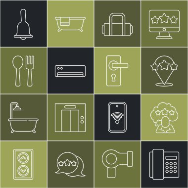 Telefon ahizesi, 5 yıldızlı değerlendirme, bavul, klima, çatal kaşık, otel servis zili ve kapı kolu ikonu. Vektör