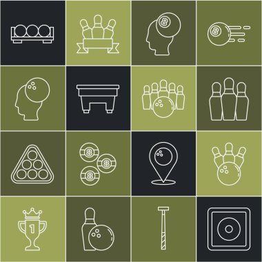 Çizgi, bilardo tebeşiri, bovling pimi ve top, masa, toplar ayakta ve ikonda. Vektör