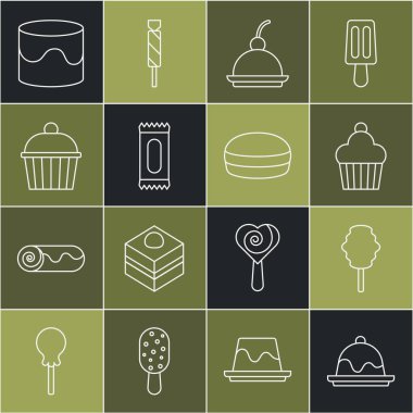 Cake, pamuk helva, kirazlı cheesecake, Candy ve Macaron kurabiye ikonu. Vektör