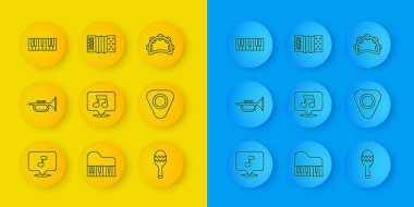 Set hattı notası, ton, trompet, Maracas, gitar penası, sentezleyici, tef ve akordiyon ikonu. Vektör