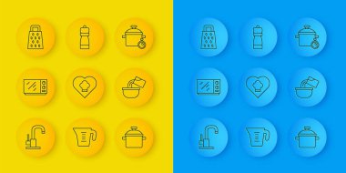 Hattı su musluğu, mikrodalga fırın, aşçı şapkası, tencere, Grater ve Pepper ikonu hazırla. Vektör