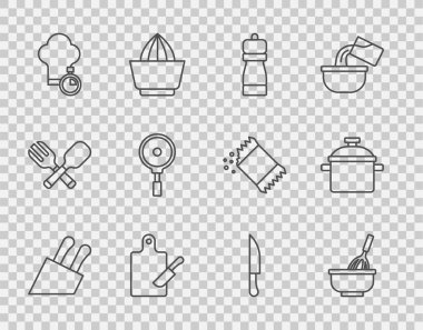 Sıralı bıçak, kâseli mutfak çırpısı, biber, kesme tahtası ve bıçak, şef şapkası, kızartma tavası ve tencere ikonu. Vektör