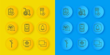 Koltuk değneği ya da koltuk değnekleri, büyükbaba, acil durum telefonu, yastık, reçete, ilaç şişesi hapları ve tekerlekli sandalye ikonu. Vektör