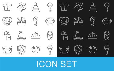 Hattı çıngıraklı bebek oyuncağı, yeni doğmuş bebek kundaklı, küçük çocuk kafası, piramit, bebek arabası, sahte emzik, tişört ve ikon. Vektör