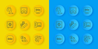 Altın külçeleri, 24k, güvenli, altın, yüzük, erimiş madeni para ve ikon dökülüyor. Vektör