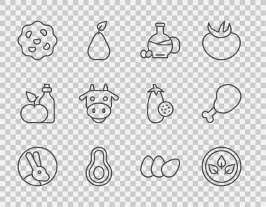 Sabit çizgi tavşanı, vegan gıda diyeti, bir şişe zeytinyağı, Avokado meyvesi, kurabiye ya da bisküvi, inek kafası, tavuk yumurtası ve bacak ikonu. Vektör