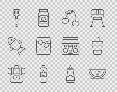 Sırt çantası, karpuz, kiraz, bir şişe su, Spatula, buzlu cam viski, sos şişesi ve kağıt cam ikon. Vektör