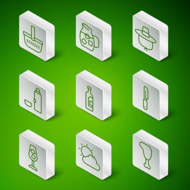 Tavuk budu, güneş ve bulut havası, piknik sepeti, bir şişe şarap, termos kabı, suyla dolu sürahi bardak, şarap ve bıçak ikonu. Vektör