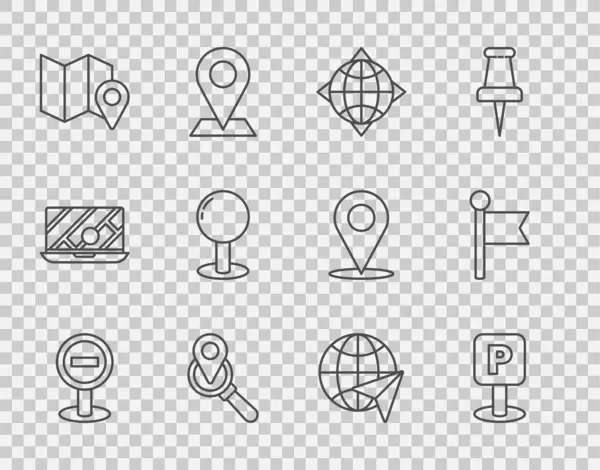 Набор Знак Стоп Парковка Мир Глобус Компасом Местоположение Поиска Сложенный — стоковый вектор