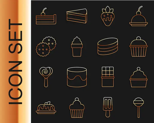 设定系列棒棒糖 巧克力草莓 冰淇淋华夫饼 饼干或饼干 樱桃芝士蛋糕和布朗尼图标 — 图库矢量图片