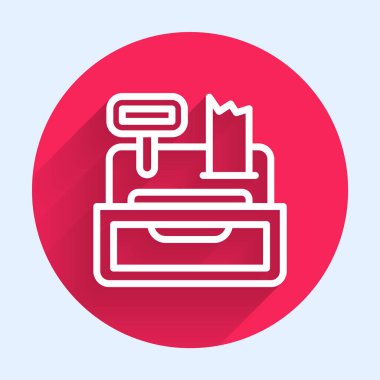 Uzun gölgeli bir çek simgesi olan beyaz çizgi yazar kasa. Kasiyer tabelası. Tabut sembolü. Kırmızı daire düğmesi. Vektör.