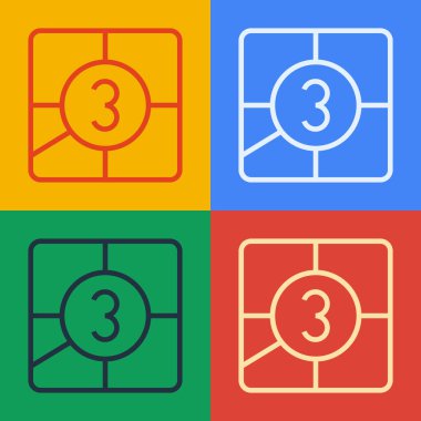 Pop art line Old film movie countdown frame icon isolated on color background. Vintage retro cinema timer count.  Vector.