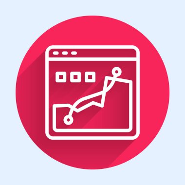Uzun gölgeli beyaz çizgi Histogram grafik fotoğraf ikonu. Kırmızı daire düğmesi. Vektör.