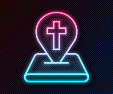 Parlak neon çizgisi haritası, siyah arka planda izole edilmiş kilise simgesi. Hıristiyan Kilisesi. Kilisenin dini. Vektör.