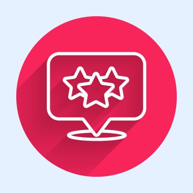 Beyaz çizgi Beş yıldızlı müşteri ürün değerlendirme simgesi uzun gölge arkaplan izole. Favori, en iyi derecelendirme, ödül sembolü. Kırmızı daire düğmesi. Vektör