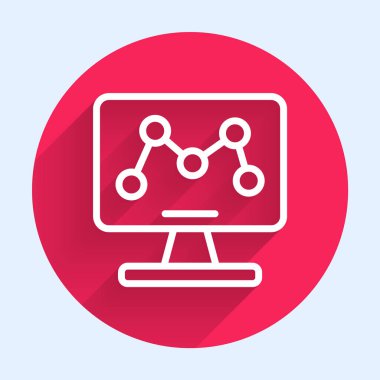 Dizüstü bilgisayar ikonundaki uzun gölge arkaplanlı beyaz çizgi genetik mühendisliği modifikasyonu. DNA analizi, genetik testler, klonlama. Kırmızı daire düğmesi. Vektör