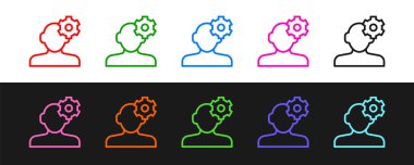 Siyah ve beyaz arkaplanda izole edilmiş psikoloji ikonundaki soruna çizgi çözümü ayarla. Akıl sağlığı terapisi. Vektör