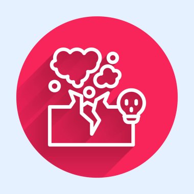 Beyaz çizgi zehirli gaz bulutu ya da duman ikonu uzun gölge arkaplanı ile izole edilmiş. Kötü koku, duman ya da zehirli gaz, kimyasal zehirli buhar. Kırmızı daire düğmesi. Vektör