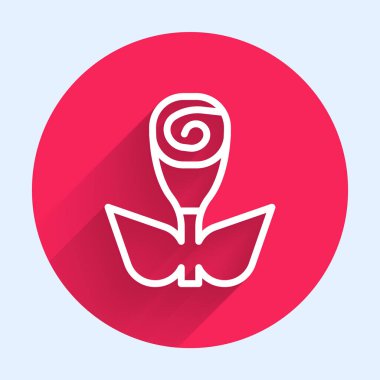 Beyaz çizgi çiçek gül ikonu uzun gölge arkaplanı ile izole edilmiş. Kırmızı daire düğmesi. Vektör
