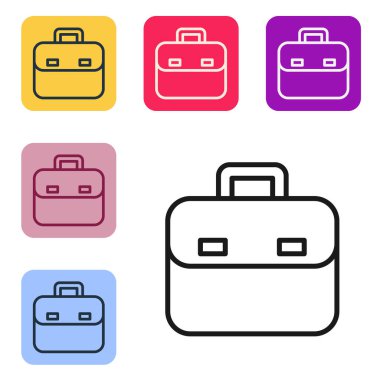Beyaz arkaplanda siyah çizgi evrak çantası simgesi izole edildi. İş ilanı. İş portföyü. Renkli kare düğmelerle simgeleri ayarla. Vektör