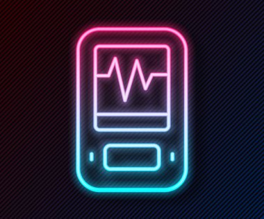 Parlayan neon hattı sismograf simgesi siyah arkaplanda izole edildi. Deprem analog sismografı. Vektör