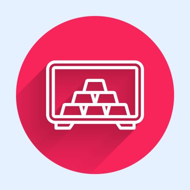 Beyaz hat. Altın külçeli, uzun gölgeli bir sembol. Bankada değerli metaller var. Metalik hazine. Güvenilir veri koruması. Kırmızı daire düğmesi. Vektör