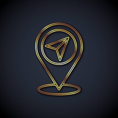 Siyah arkaplanda altın çizgi haritası simgesi izole edildi. Navigasyon, işaret, konum, harita, GPS, yön, arama konsepti. Vektör