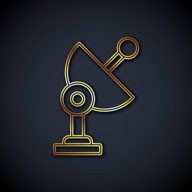 Altın çizgili Radar simgesi siyah arkaplanda izole edildi. Arama sistemi. Uydu sinyali. Vektör